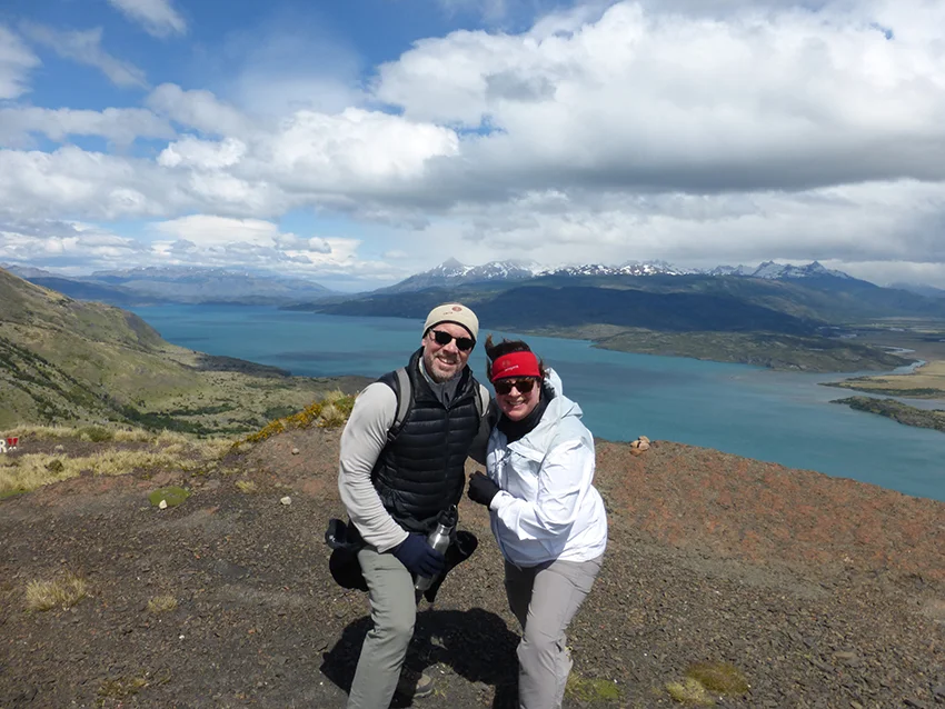 The highest peak - and the windiest! Right over that edge behind us was a straight drop to the bottom and into that lake. We were bracing against each other and leaning into the wind to get one quick photo. This was actually so much fun, but Michael’s blue hat from the first photo blew off in a wind gust as a sacrifice to the Tehuelche Gods.
