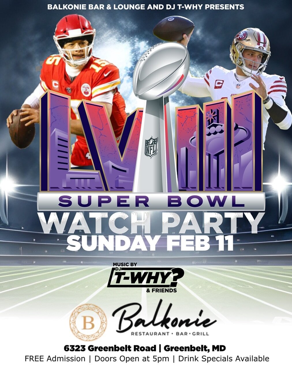 IT&rsquo;S GAME DAY!!! Meet me at Balkonie! 

📅 Date: Feb 11

⏰ Time: Starting at 5pm

📍 Location: Location: Balkonie Bar and Lounge, Greenbelt Road, Berwyn Heights, MD
@balkonie_restaurant 

🎟️ Entry: FREE (of course)

superbowlkickback.eventbrit