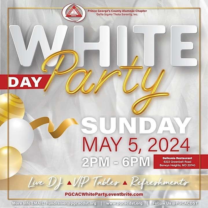 This Sunday :: White Day Party 

Get ready to sparkle and shine as we countdown to the ultimate White Day Party experience! Join us on Sunday, May 5th from 2 pm to 6 pm for an afternoon of pure bliss. Dress in your finest whites, gold accents and get
