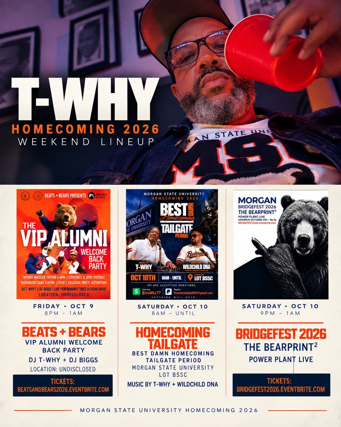 Homecoming weekend. 🧡💙🐻

Back in Baltimore for a weekend with my Morgan family!

I&rsquo;ll be on music duty at a few stops this weekend.

FRIDAY | Beats + Bears
SATURDAY | Homecoming Tailgate + Bridgefest

Looking forward to seeing everybody. Saf