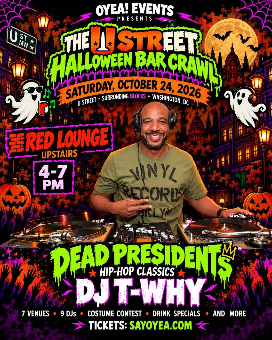 Just got added to the lineup for the U Street Halloween Bar Crawl this Saturday! 🎃

I&rsquo;ll be upstairs at Red Lounge for the Dead Presidents set, playing hip-hop classics from 4&ndash;7p. 

Seven venues, nine DJs, and a whole lot going on up and