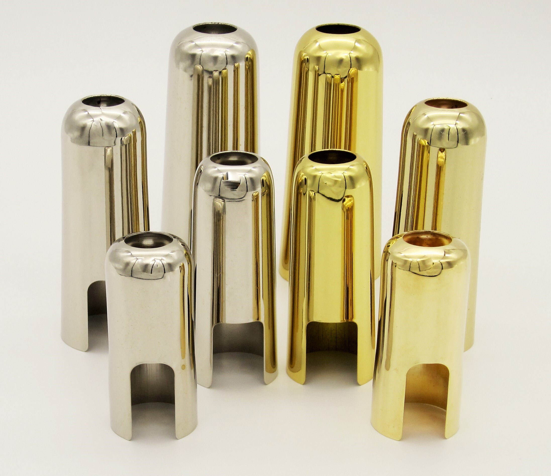 Metal Mouthpiece Caps (from front) -- Soprano Sax (#323-5 N or G); Alto Sax (#326 N or G); Tenor Sax (#328 N or G); Bari Sax (#329 N or G) 