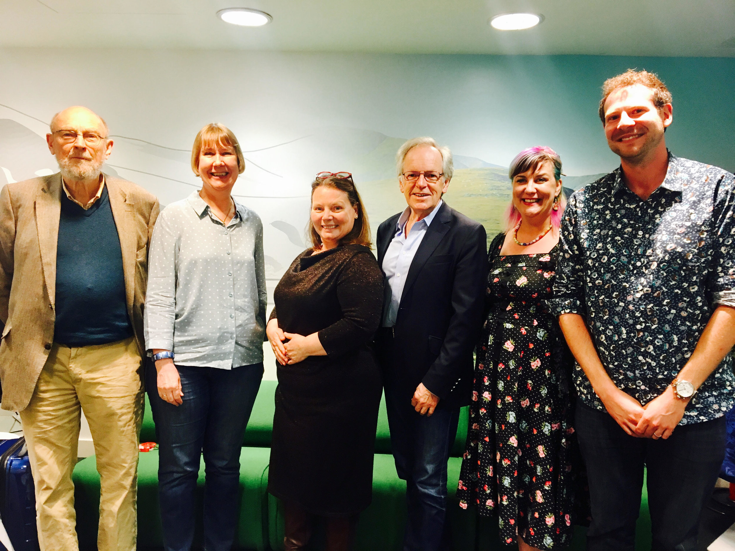 Julian Mitchell, Charlotte Green, Joanna Scanlan, Nigel Rees, Kate Fox and me, backstage at the BBC Radio Theatre for Quote, Unquote; 2017.