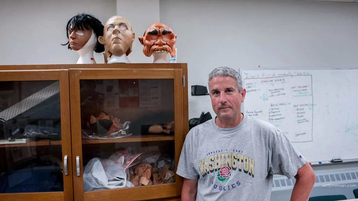 Crow researcher John Marzluff with 3 masks.