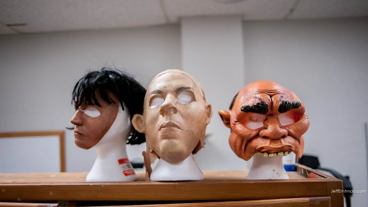 From left to right: Vivian, unknown mask, and The Caveman. Three masks that are in use for crow behavioral studies at the University of Washington in Seattle.