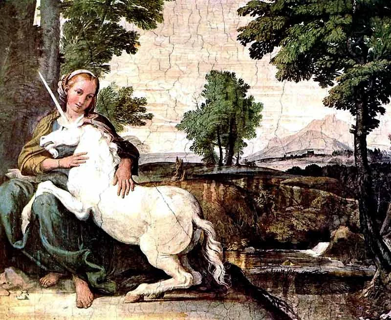 The Maiden and the Unicorn. Domenichino. ca 1602. Italian, painting, fresco.