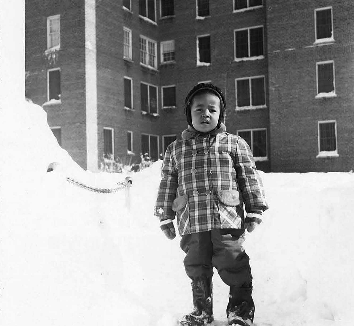   Karen wearing earmuffs after a snowstorm. 1961.&nbsp;Photo courtesy Karen Smith.  