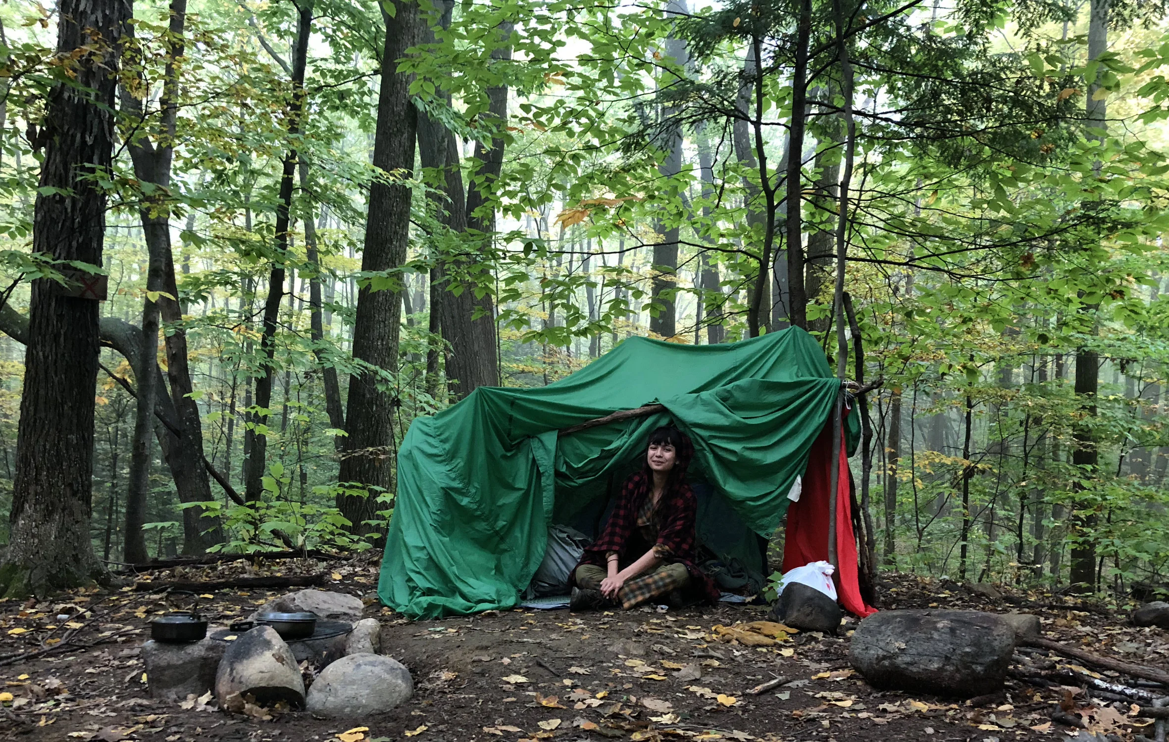 Alessandra Canario camps in a homemade shelter in the woods near Saratoga Springs, New York. Photo by Alessandra Canario.