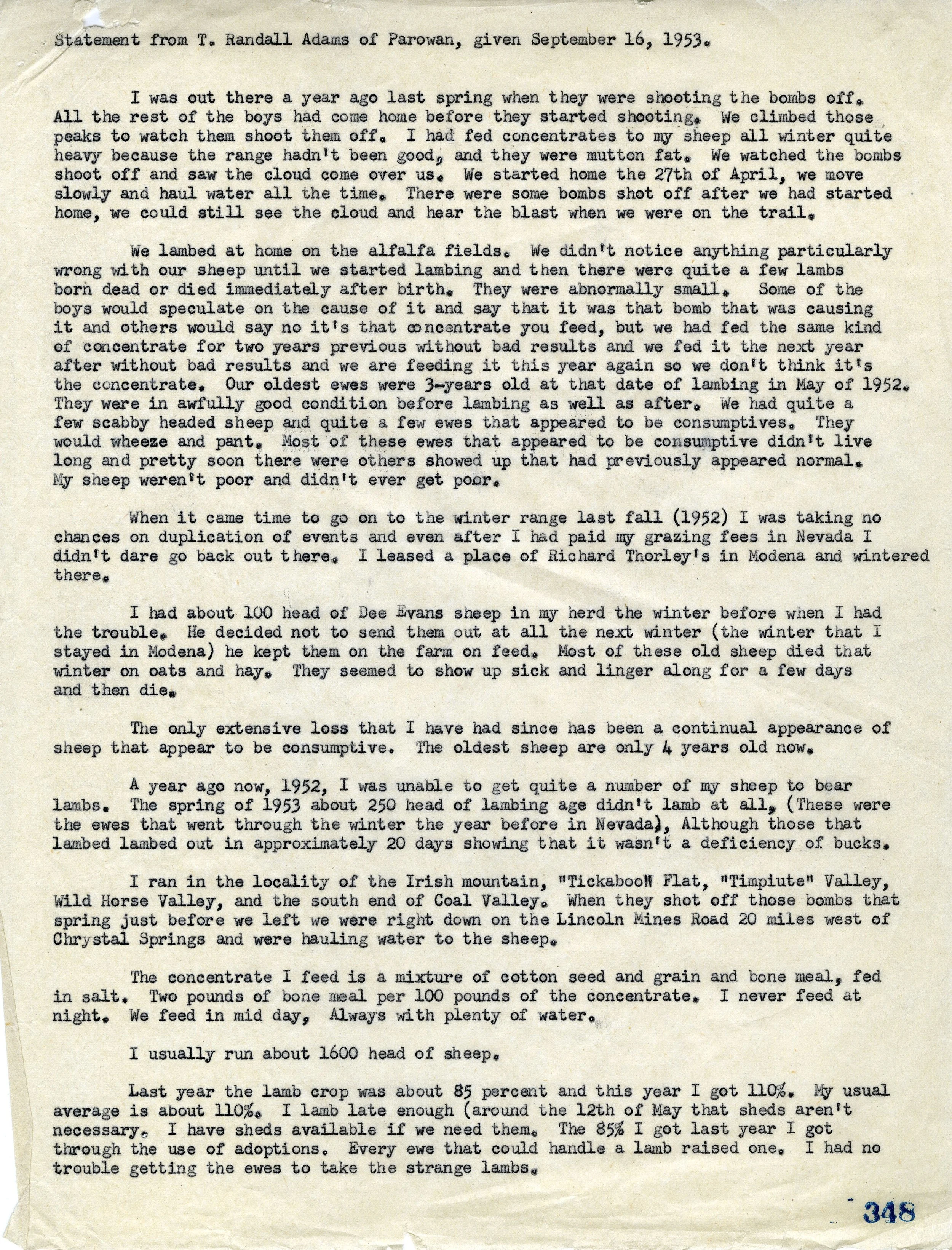 STATEMENT FROM PAROWAN SHEEP OWNER T. RANDALL ADAMS ON SHEEP LOSS- SERIES 11571 - PERMISSION OF THE UTAH STATE ARCHIVES AND RECORDS SERVICE. 