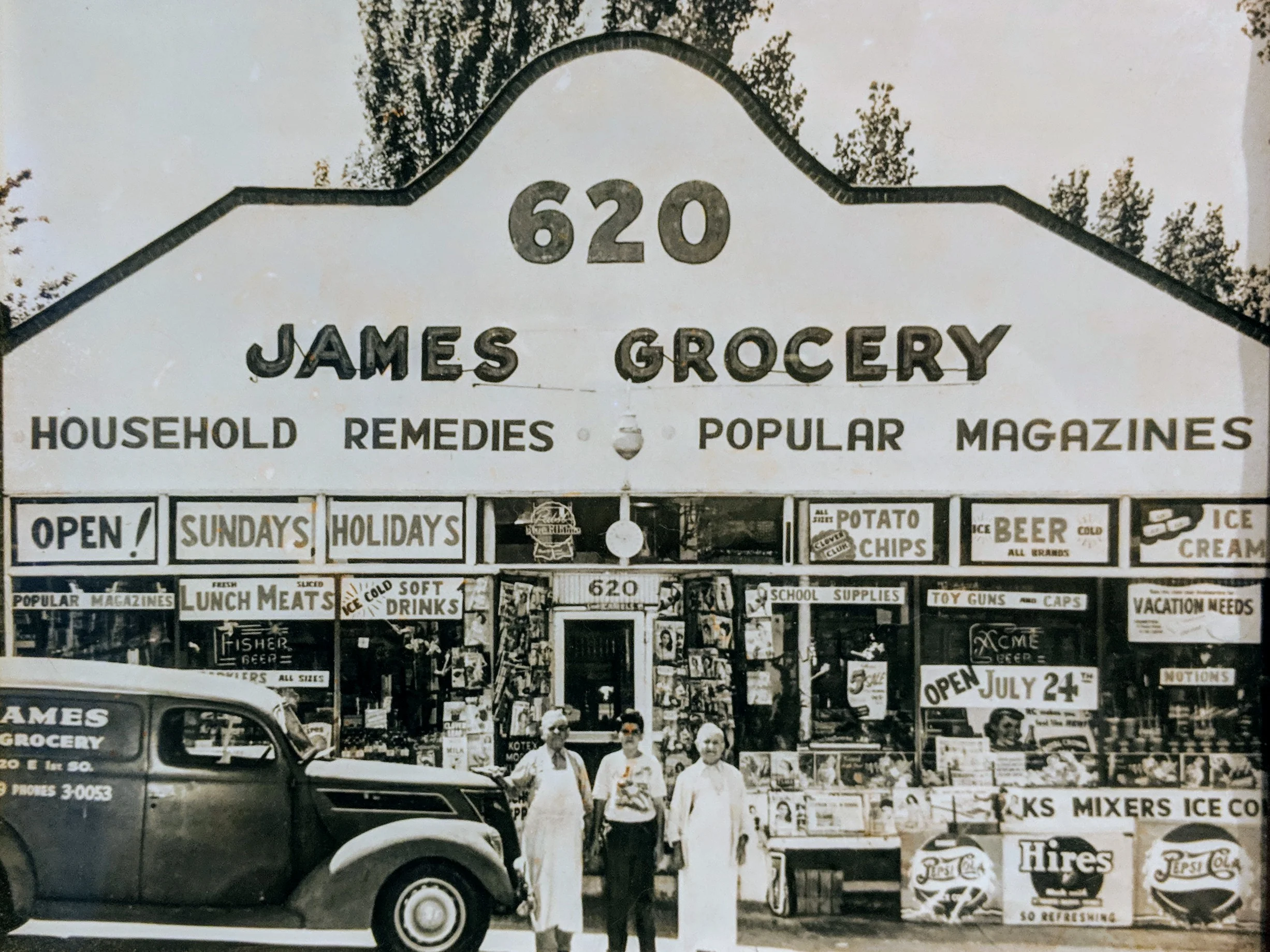 Family photo of James Grocery with (from left to right) my grandfather, father, and the stores namesake, Uncle James.