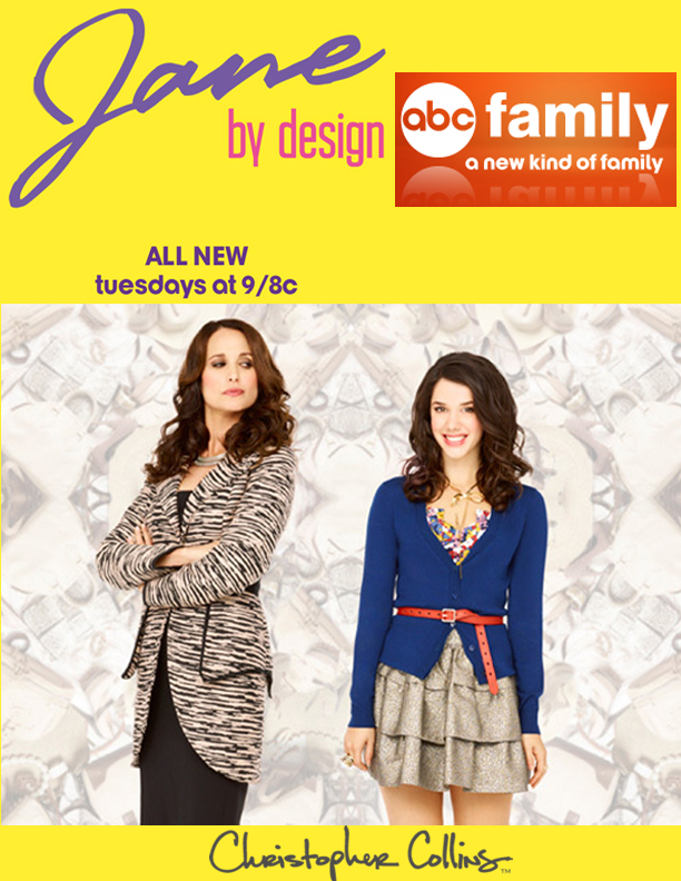 Andy MacDowell wears Christopher Collins™ Fall 2012 jacket for ABC Family's show "Jane by Design". Multiple clothes from the CC collection were showcased throughout season one.