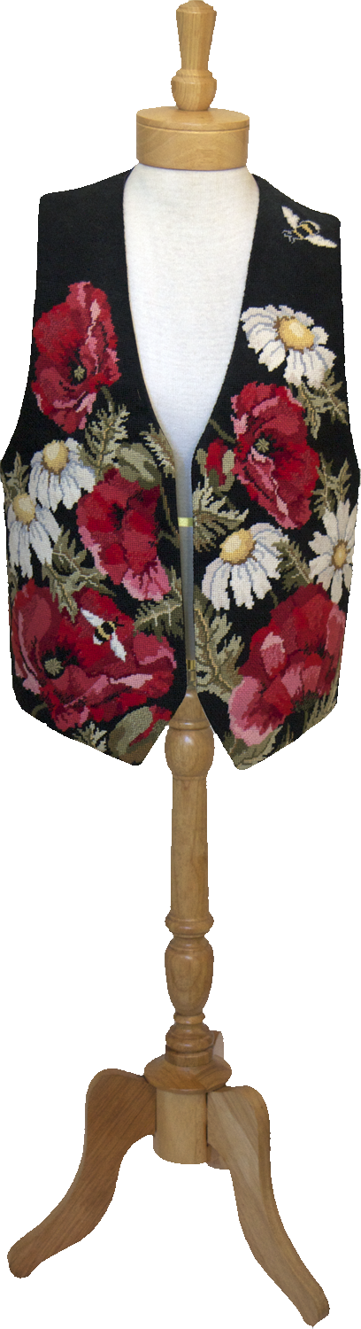 The completed needlepointed Poppy Vest project