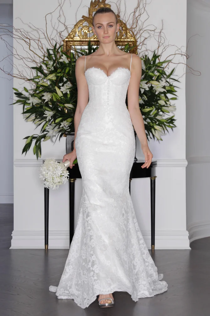 strapless lace mermaid fit and flare wedding dress