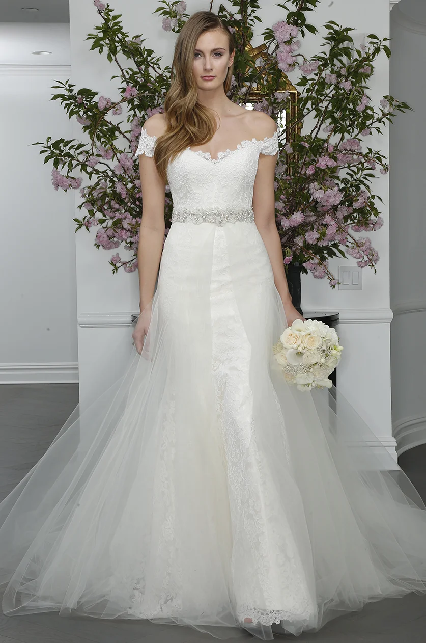 off the shoulder lace cap sleeve wedding dress tulle skirt