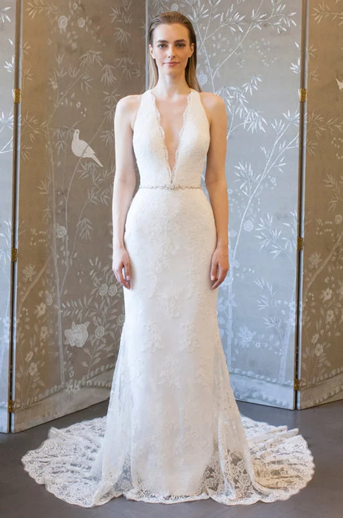 legends romona keveza Lace Halter Wedding Dress with deep plunge neckline