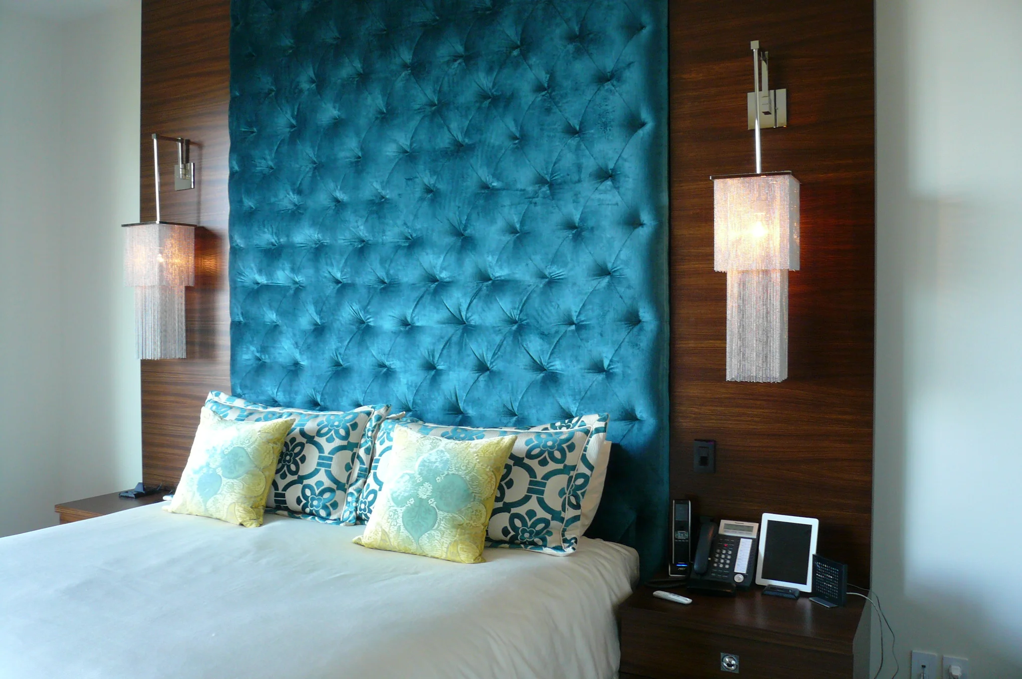 Custom beaded sconces in San Francisco bedroom/ Artistic Designs For Living