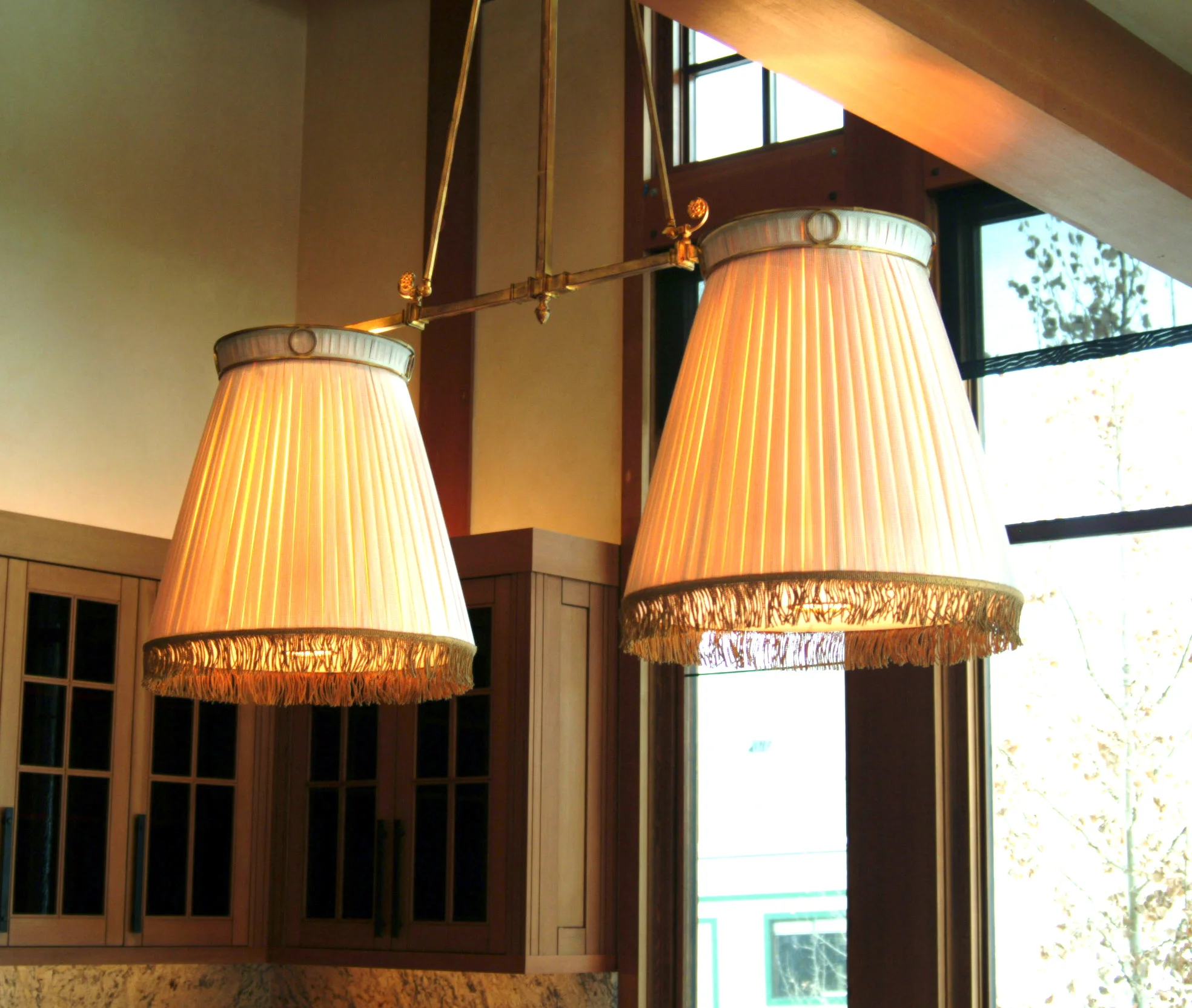 Custom Gold leaf chandelier with handmade pleated shades-Aspen, CO/ Jeffrey Levinson