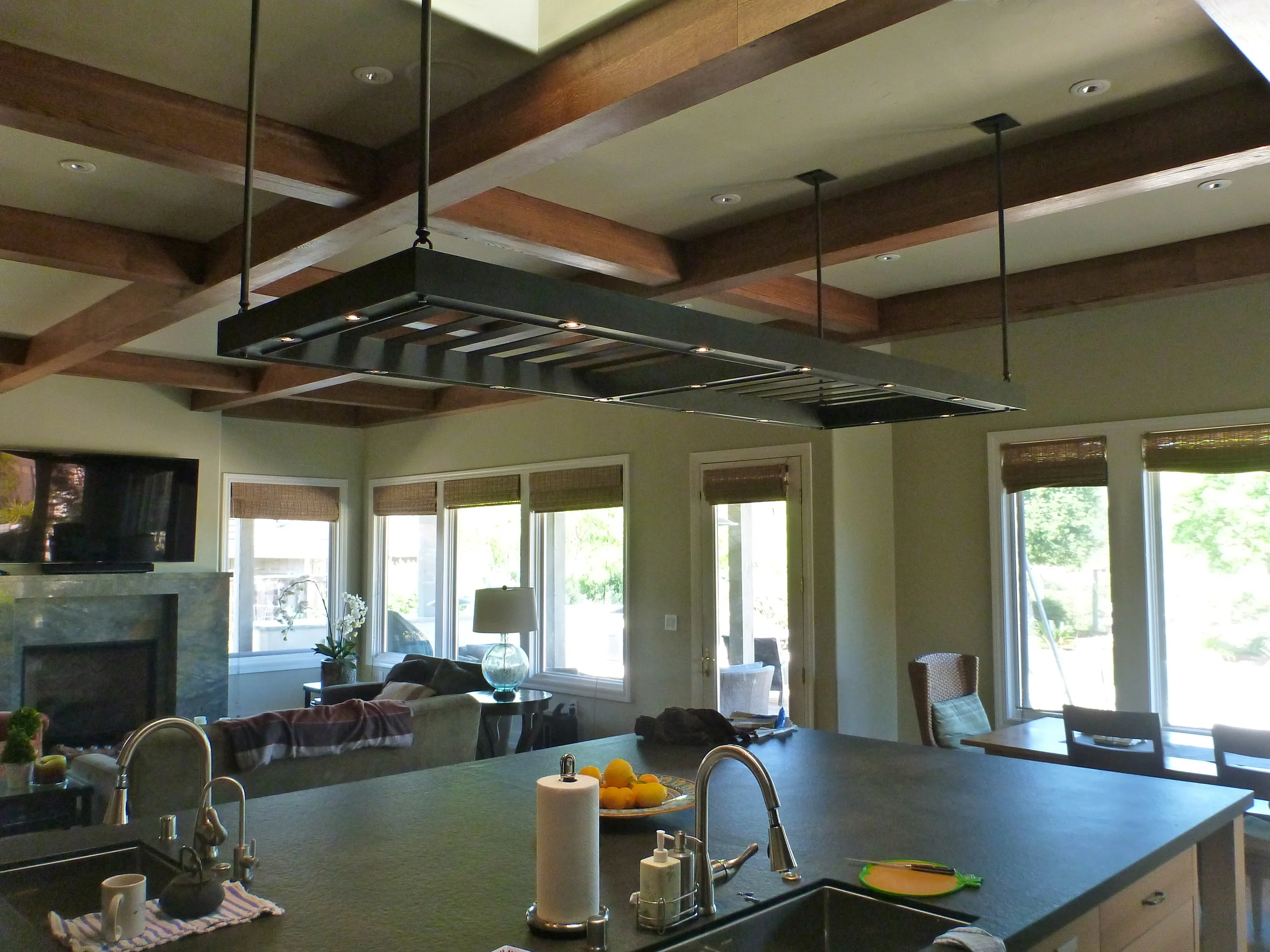 8 ft x 3 ft blackened steel kitchen island fixture with MR-11 LED's/ Nina Topper Interior Design
