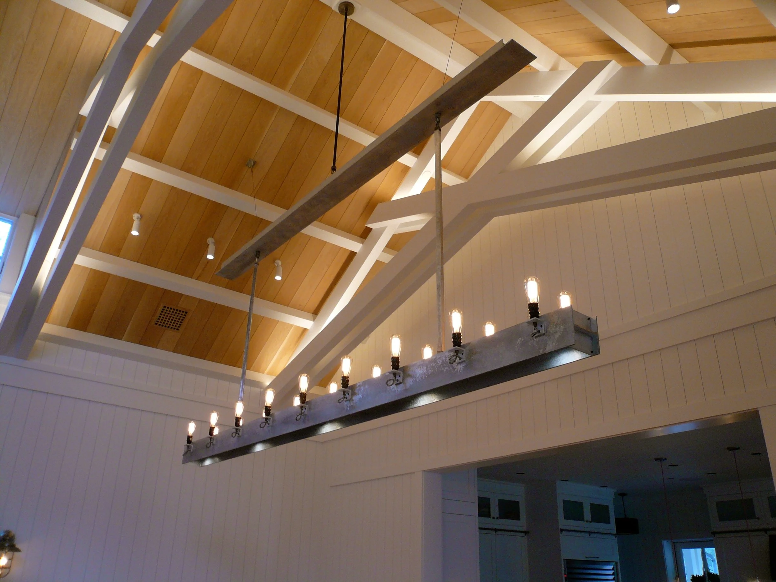 Custom aluminum beam chandelier for wine country modern farmhouse/ Martha Angus Interiors/Ian Moller Architects