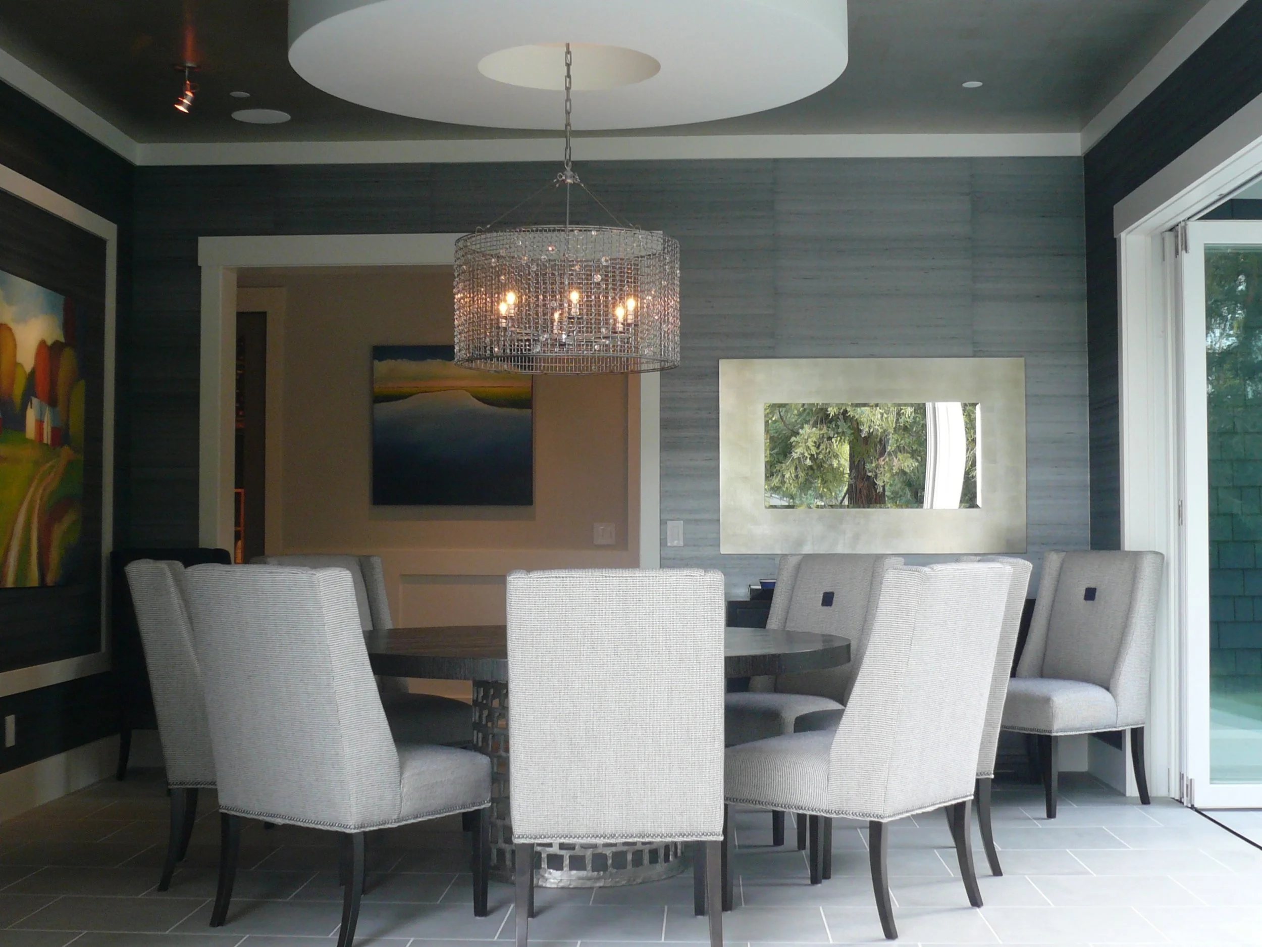 Woven stainless chandelier with floating crystals/ Atherton, CA