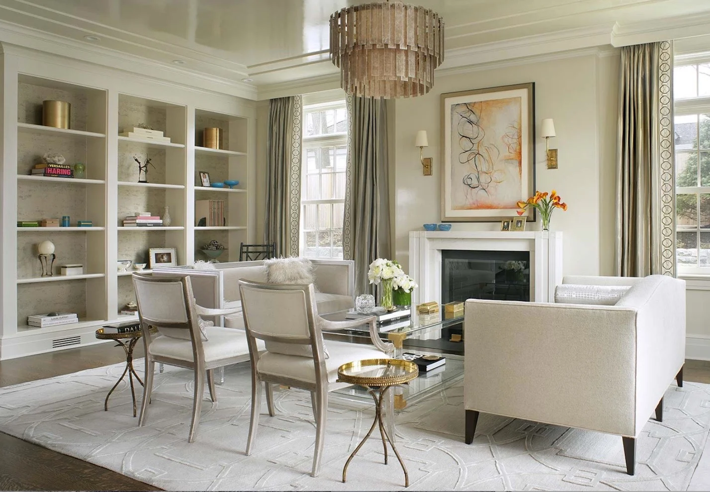Four tiers of silver mica for a NJ living room/ Valerie Grant Interiors