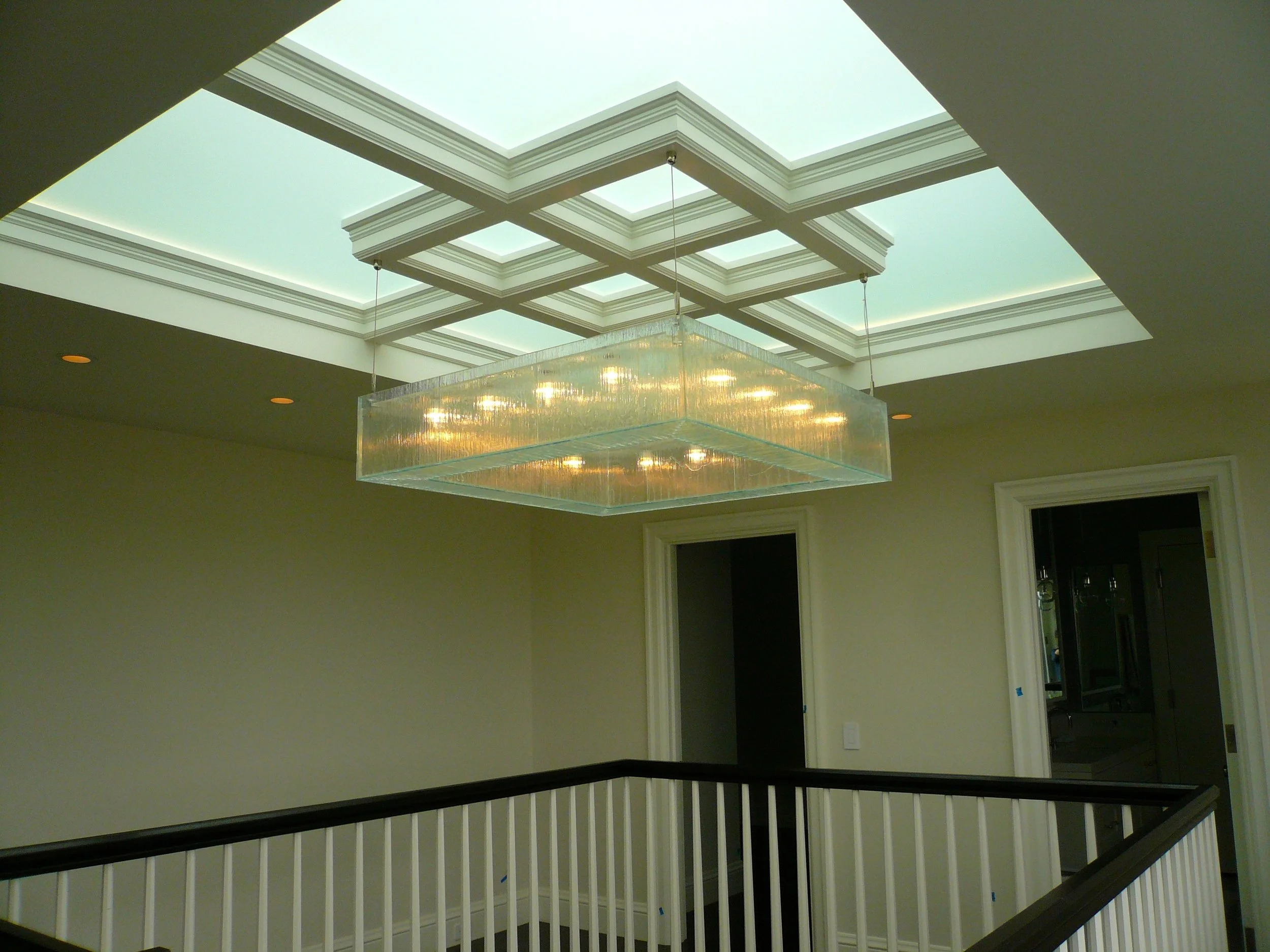 Rainfall glass pendant with 16 LED's 40 x 40 x 8/Laurel Harrington Interior Design
