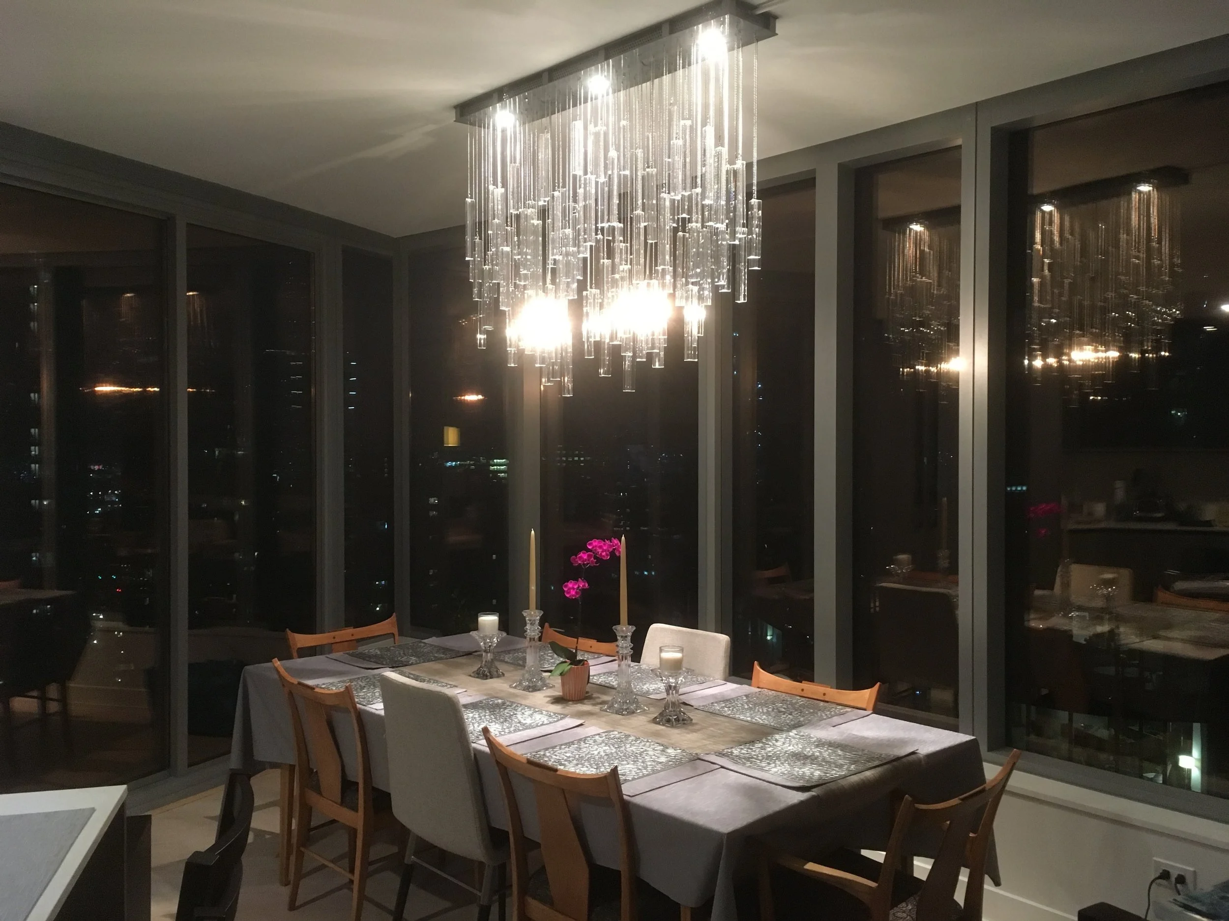 120 glass columns chandelier w/ cityscape
