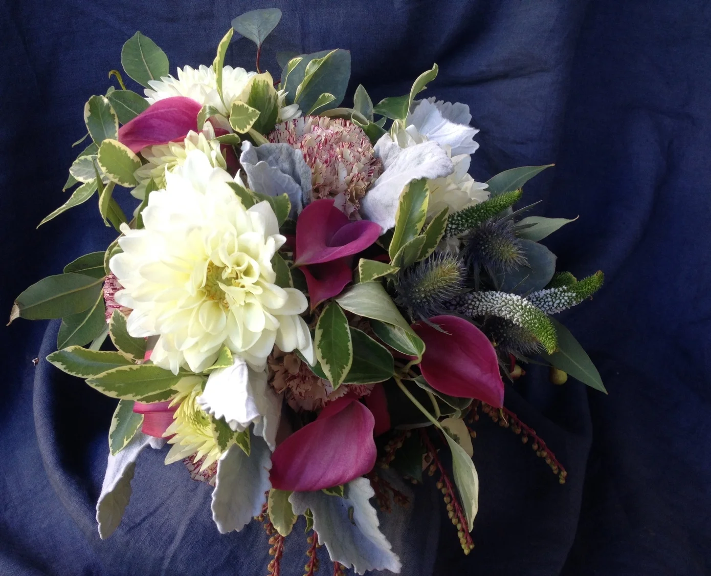 dahlia calla thistle bouquet