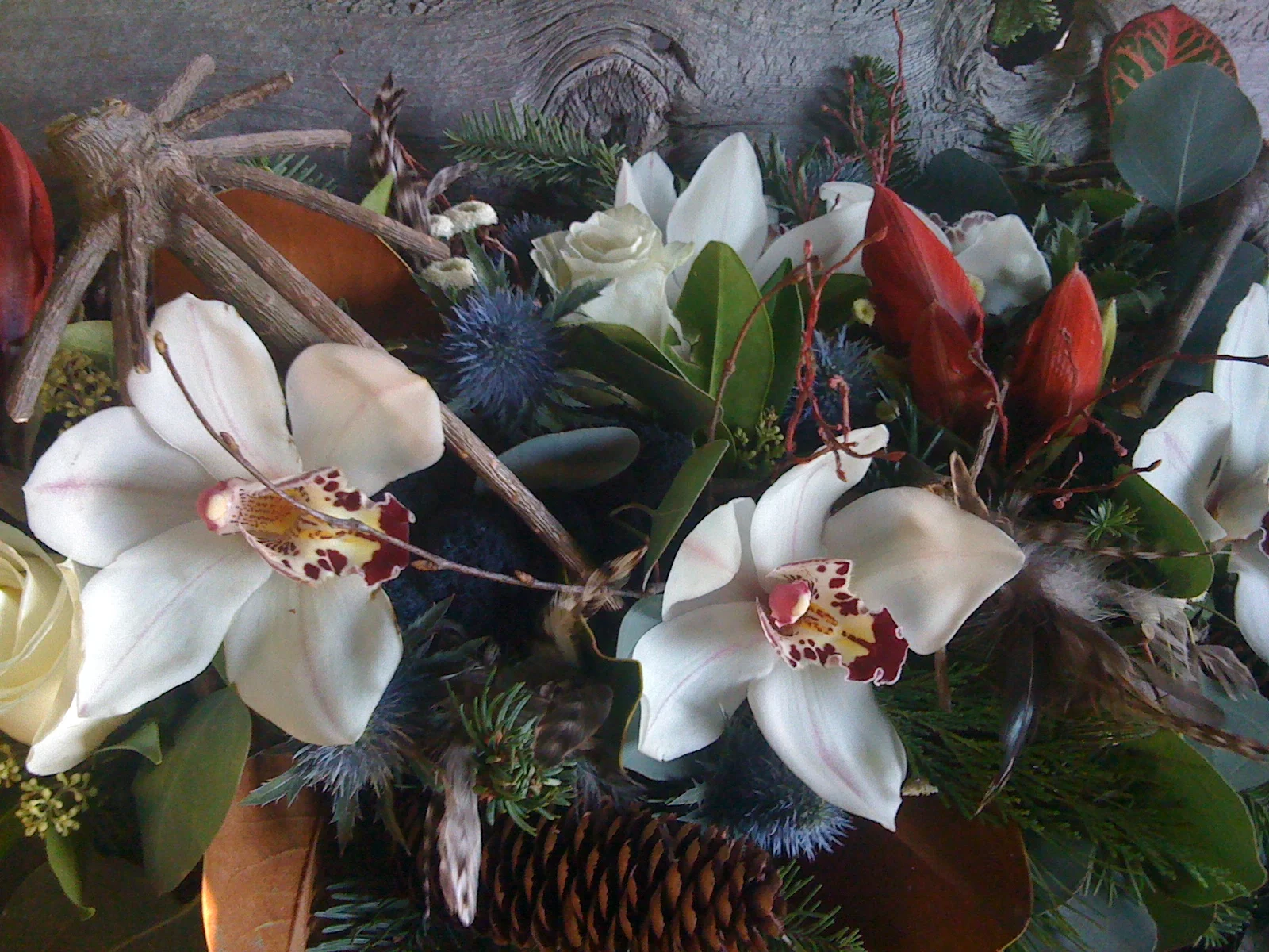 winter white red blue orchid centerpeice