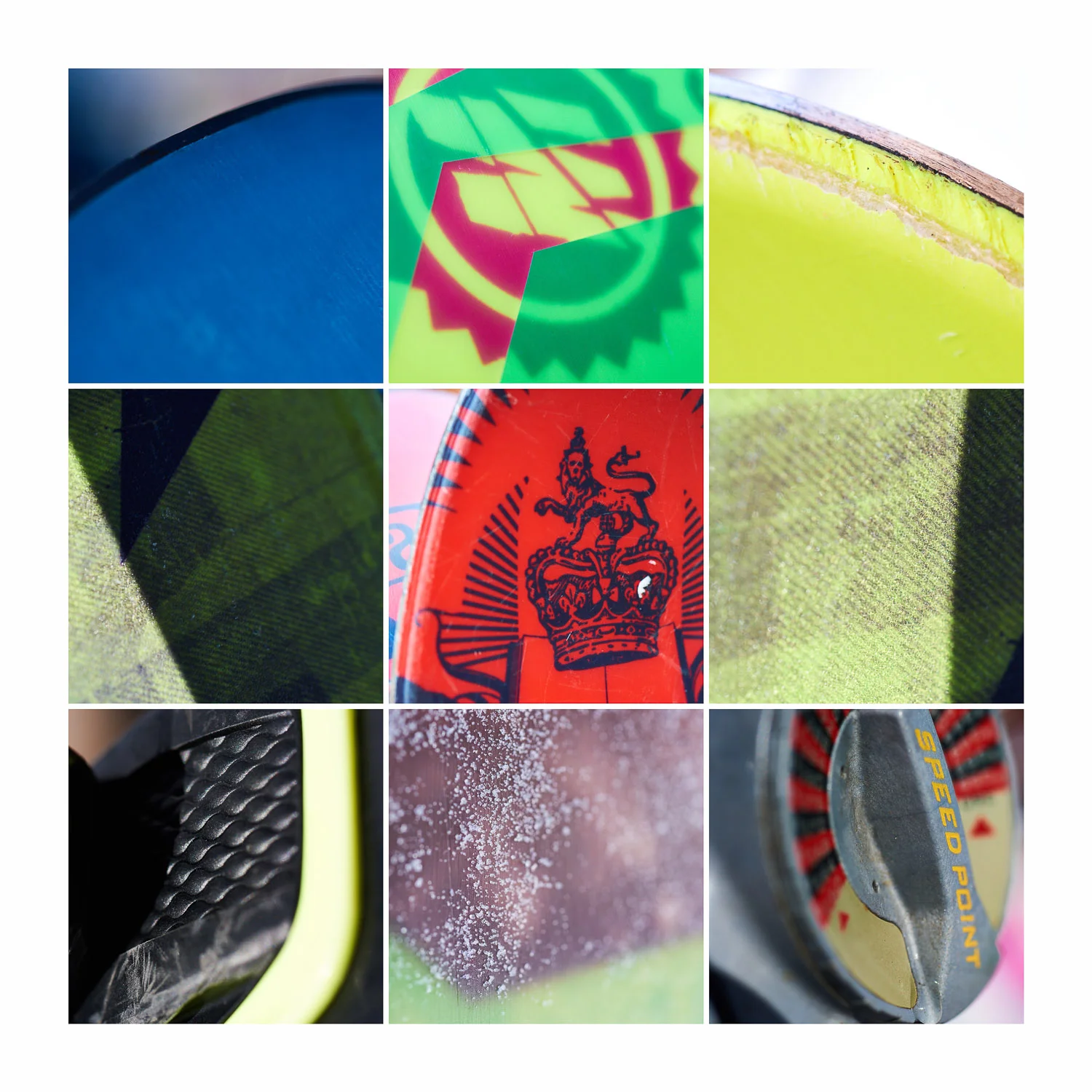 Close up photography of skis and ski parts.