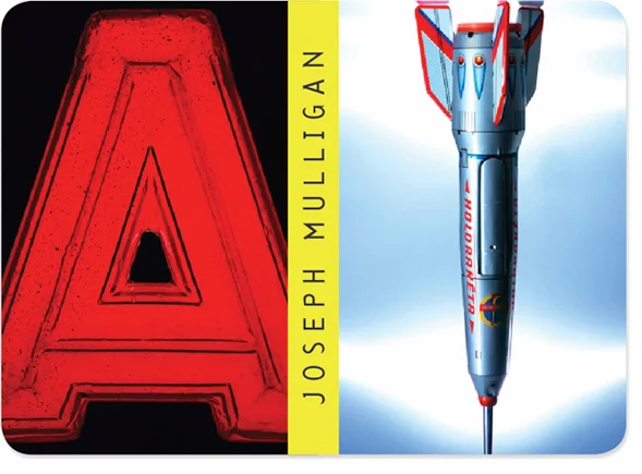 Red letter 'A' and a futuristic rocket with text "Joseph Mulligan."