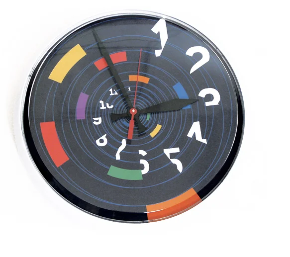 Abstract clock with distorted numbers and colorful segments