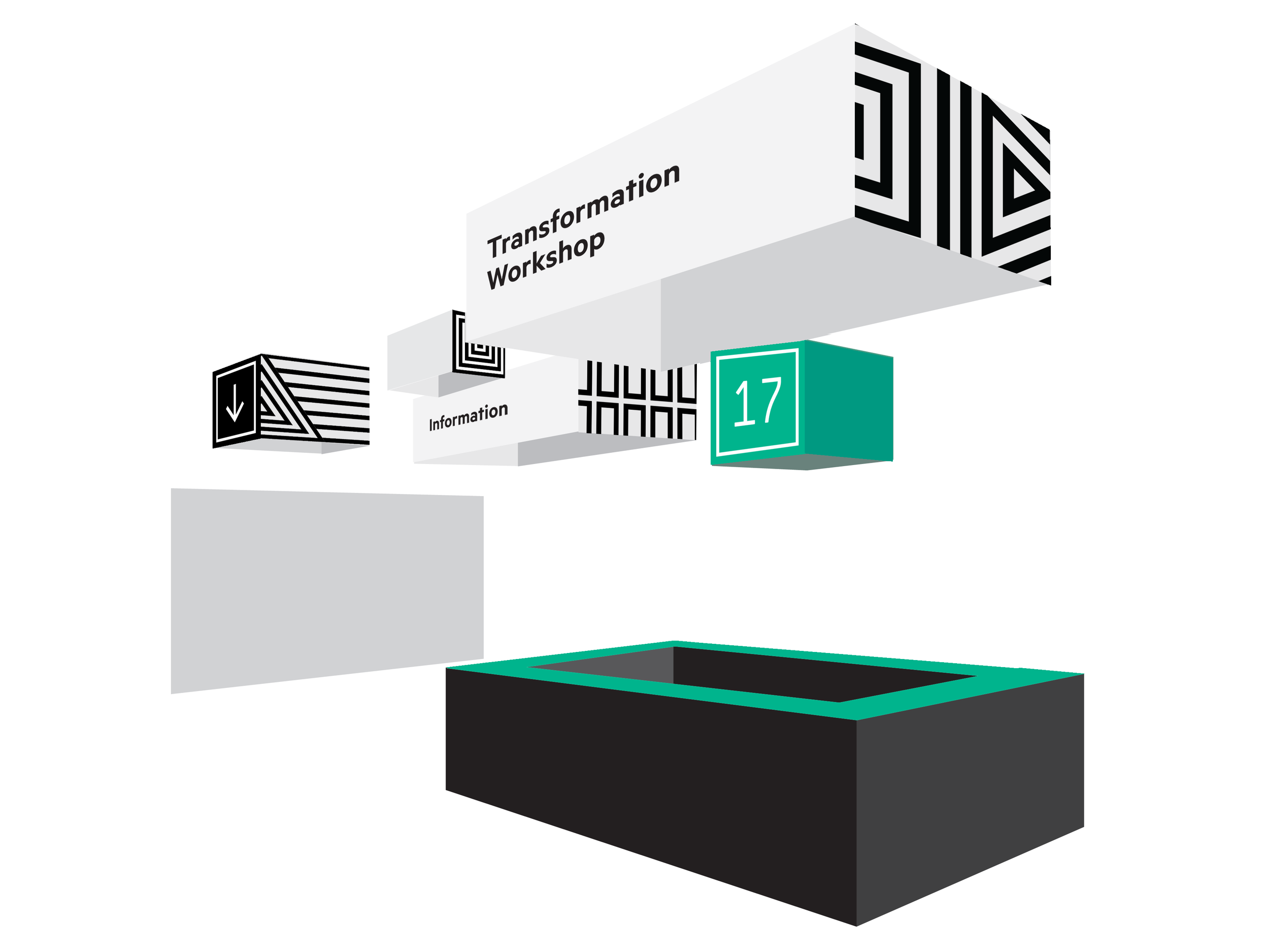 3D geometric design with floating blocks, one labeled 'Transformation Workshop' and another with the number '17' on a teal background.
