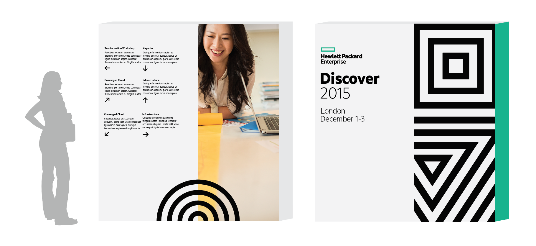 Hewlett Packard Enterprise Discover 2015 event promo with woman smiling, text, and geometric graphics.