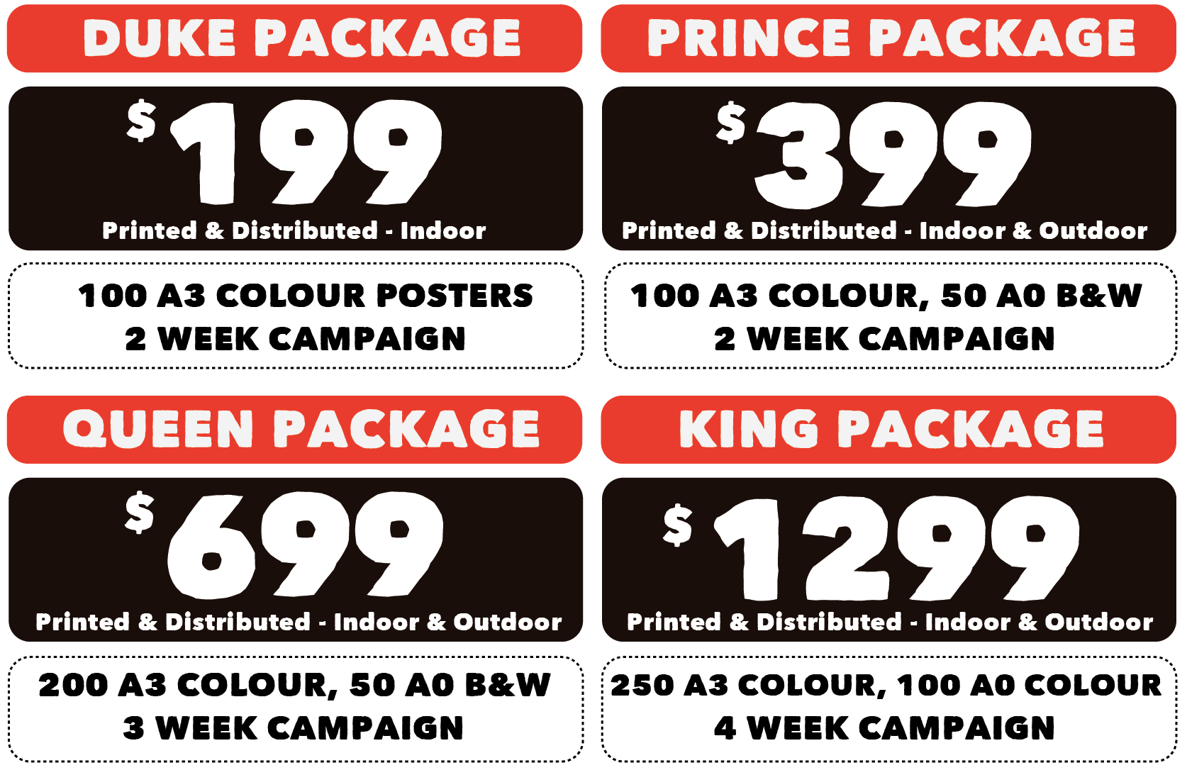 Street poster and indoor poster print and distribution specials. All prices include GST - Some pricing may vary from city to city. Call 03 9005 5993 or contact info here