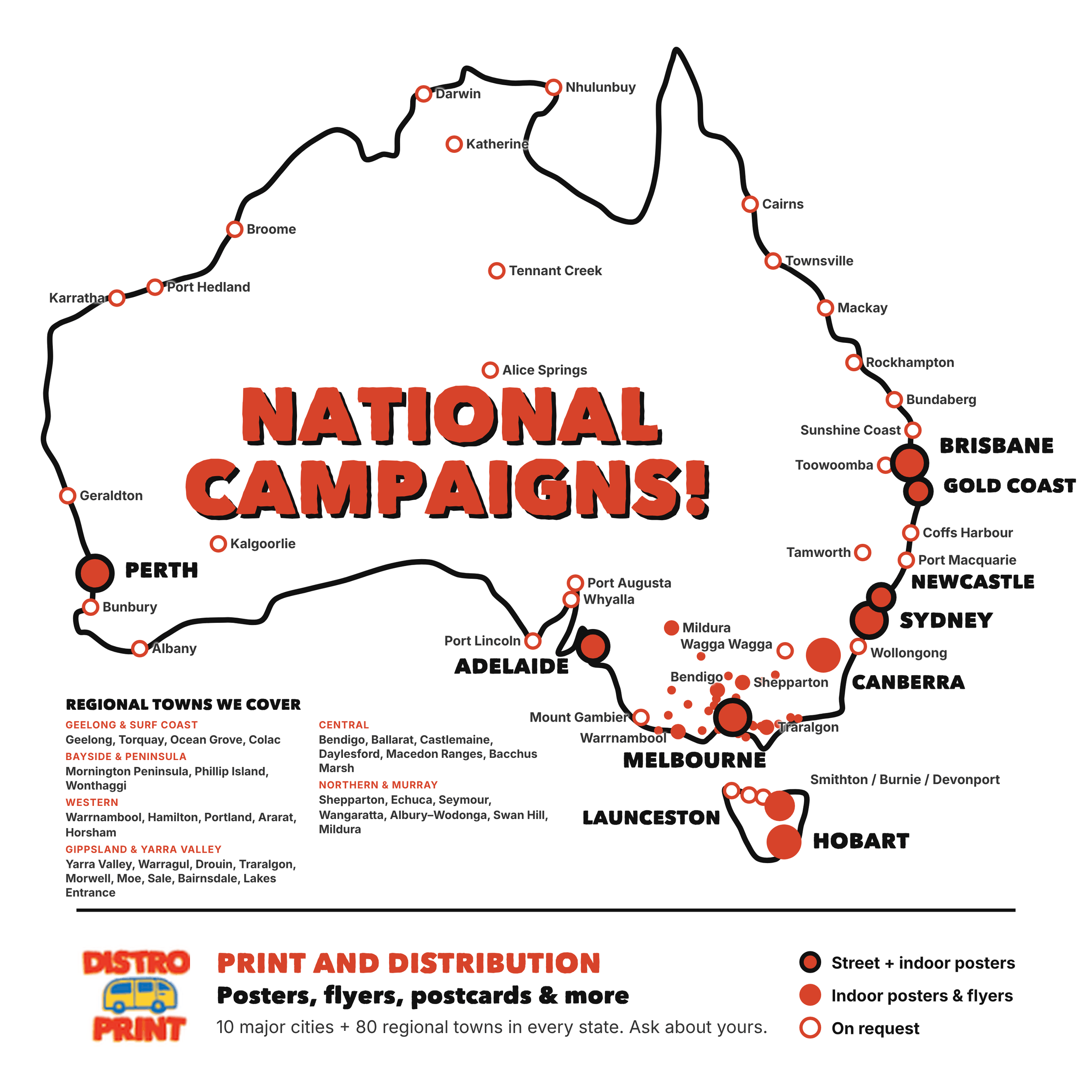 Distro Print national poster and flyer distribution map of Australia covering Melbourne, Sydney, Brisbane, Perth, Adelaide, Hobart and 80 regional towns
