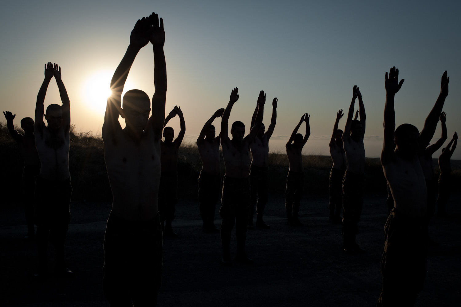  6am, morning calisthenics, at the Jebrail military base in Southern Nagorno-Karabakh.  