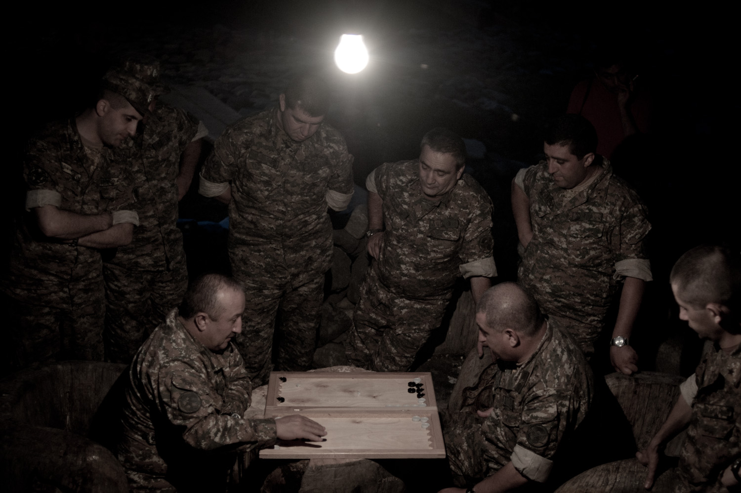  Nagorno-Karabakh defense minister Movses Hakobyan (seated left) with commanders at the Yeghnikner military base.  