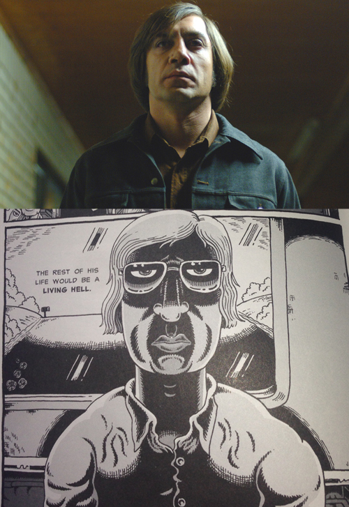 Above: Anton Chighur in No Country for Old Men. Below: Jeffrey Dahmer in My Friend Dahmer.