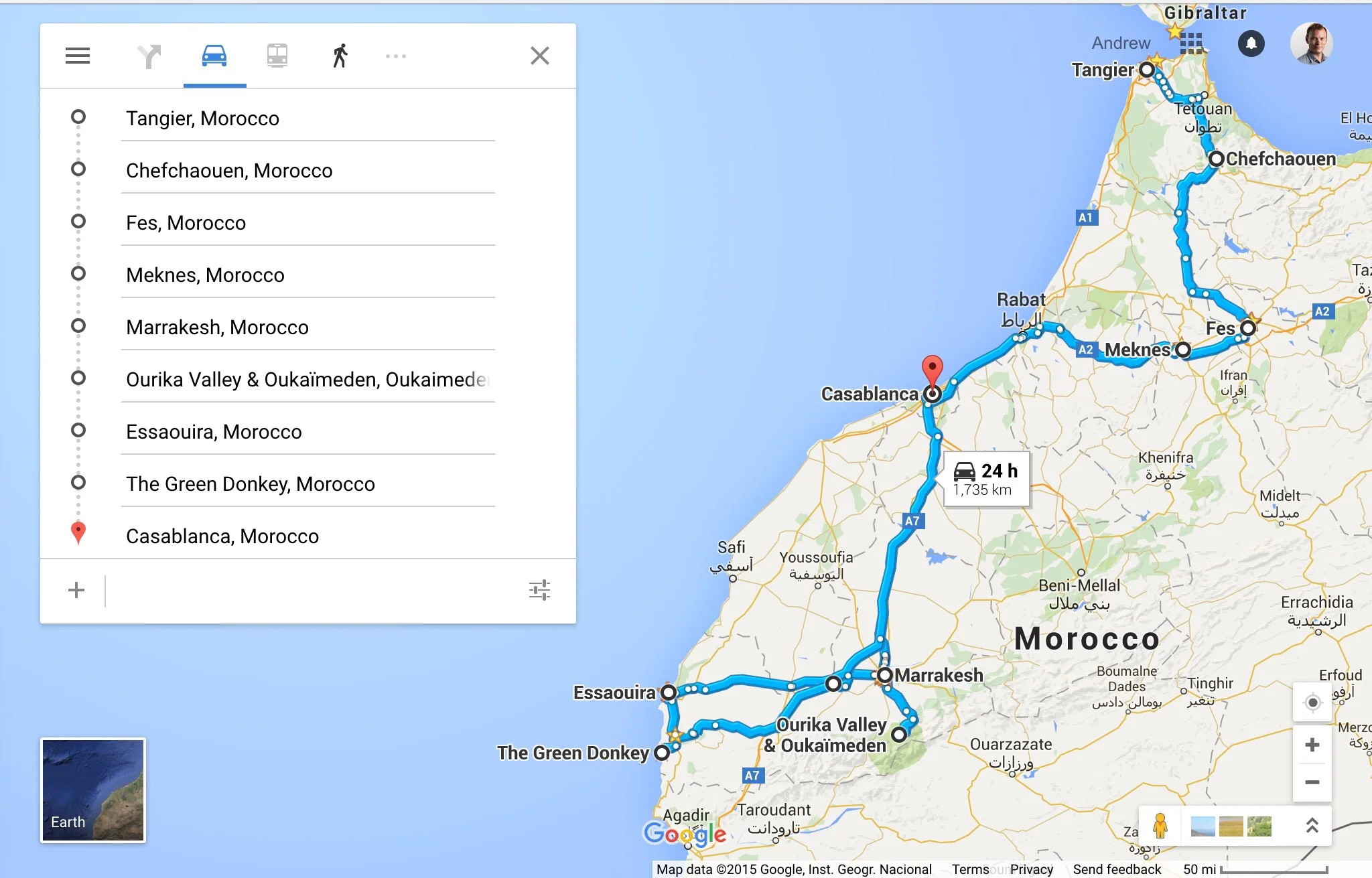 Our itinerary: Tangier > Chefchaouen > Fes > Marrakech > Essaouira > L'Ane Vert hostel (The Green Donkey) > Casablanca. We took a daytrip from Fes to Meknes, and from Marrekech to the Ourika valley and High Atlas Mountains. This map displays driving directions, though we leveraged cars, taxis, buses, and trains.