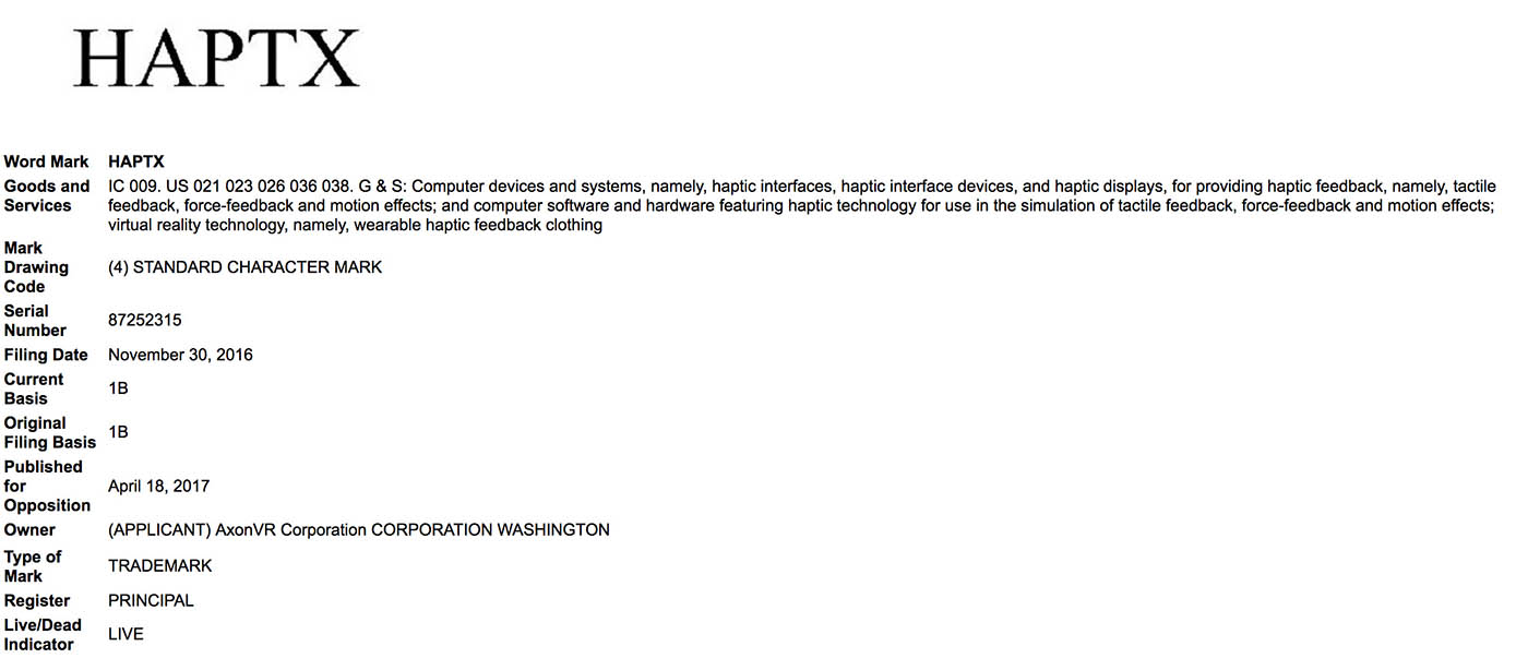 Filing for HaptX word mark. Registering a trademark and naming the company are among my proudest accomplishments at HaptX.