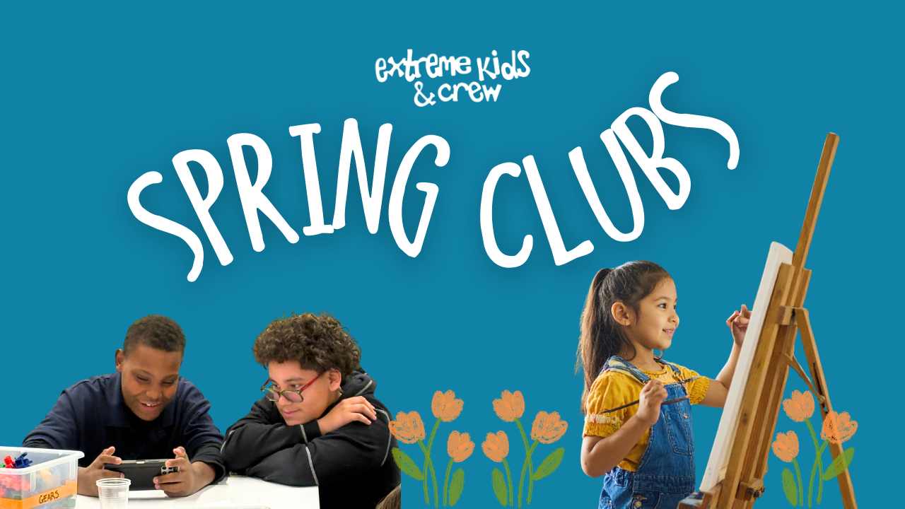 image of kids creating with tulips and the words spring clubs