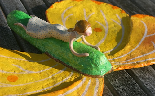 Paper mache, acrylic paint, clay