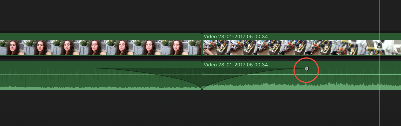 01 - Two adjacent clips with 'Fades' added; the fade adjustment slider is highlighted
