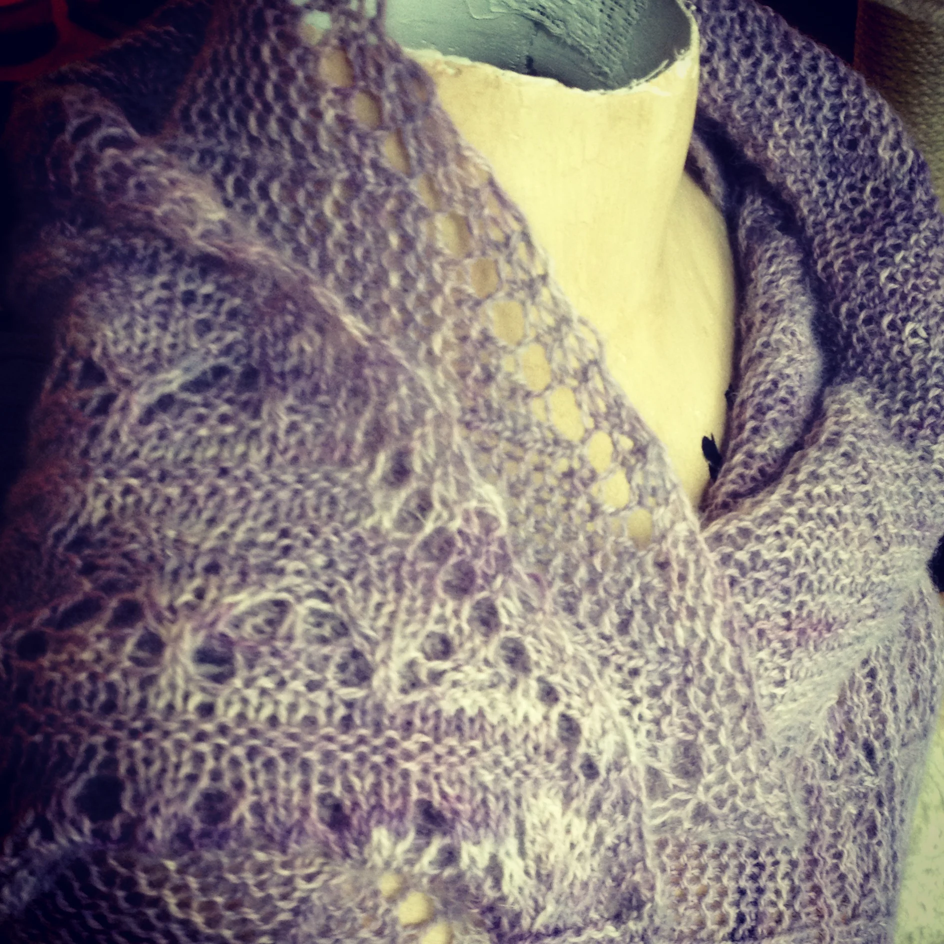 Lumen Shawl by Sivia Harding in Hennessy Fingering, Aster.