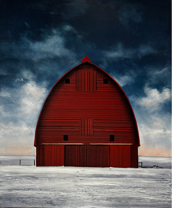 Painting of a red barn in the center, with a stormy sky in the background.