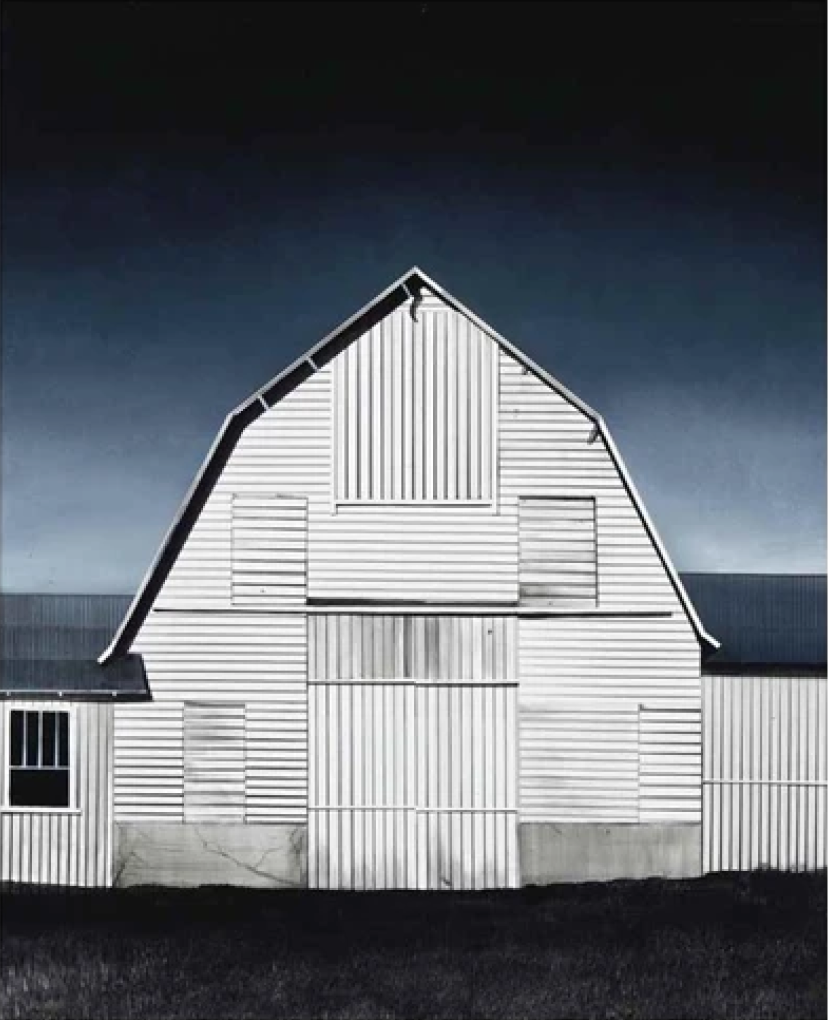 Painting of a white barn in the center, with a stormy sky in the background.