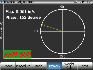 Figure 1: Balance Reading display while taking a measurement using the CoCo rotor balancing software