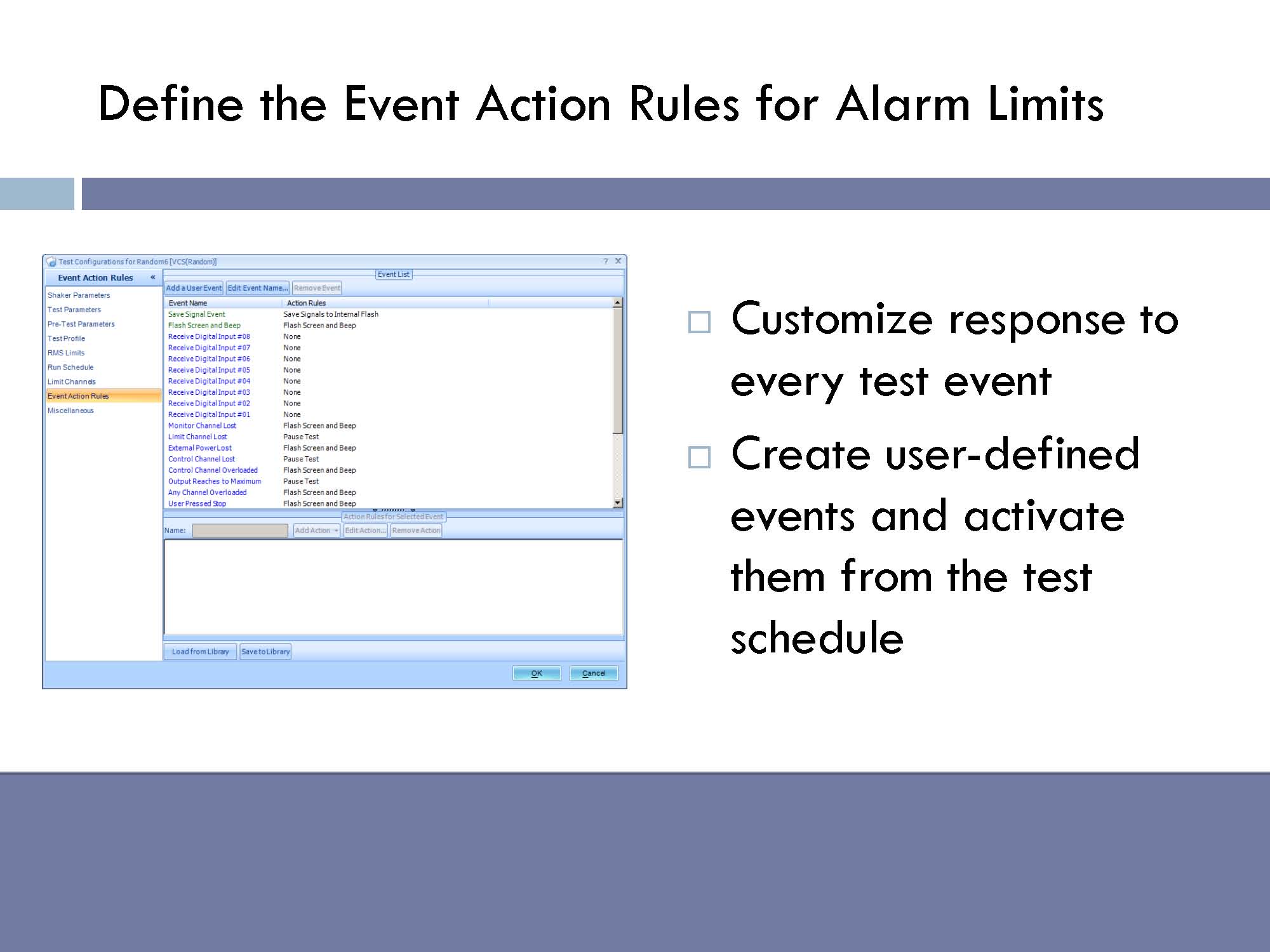   Define the event action rules for alarm limits. Customize response to every test event. Create user-defined events and activate them from the test schedule.  