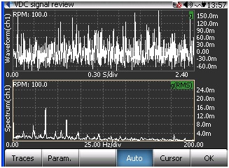 Figure 24: CH1 Time Waveform and Demodulation Spectrum with slight bearing defect